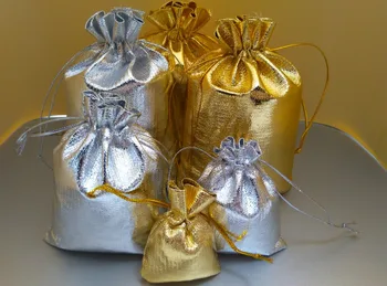 

10Pcs/lot 5x7 7x9 9x12 10x15cm Golden /silver color Drawstring Organza bag Jewelry Organizer Pouches Jewelry Packaging bags