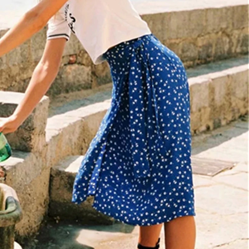 

Summer style Casual women beach boho blue skirt 2019 womens Floral Printed fashion flower print lace up Skirt women skirts