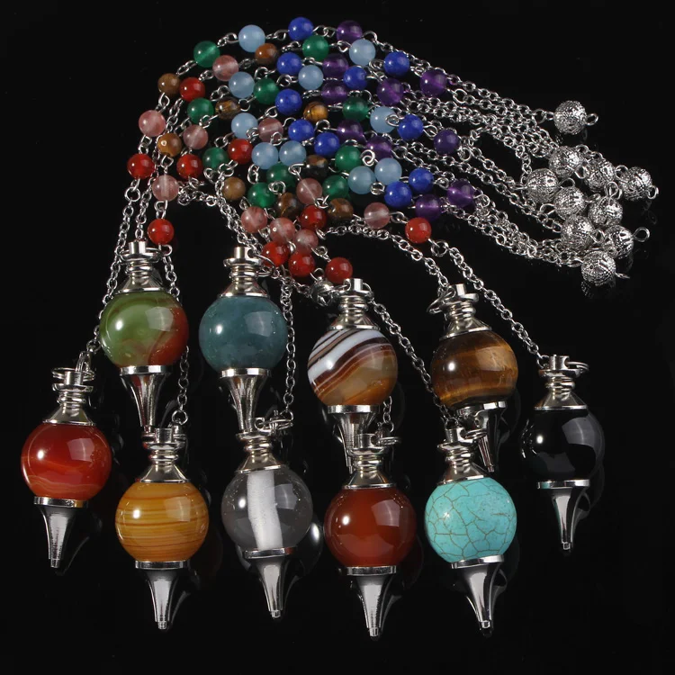 Natural Gnergy Gemstone~ Mixed 10Pcs 20mm Natural Stones Ball Healing Pendulums Stone Beads Chain Chakra Pendant Dowsing Pendulum Jewelry 2 AA00201017900c