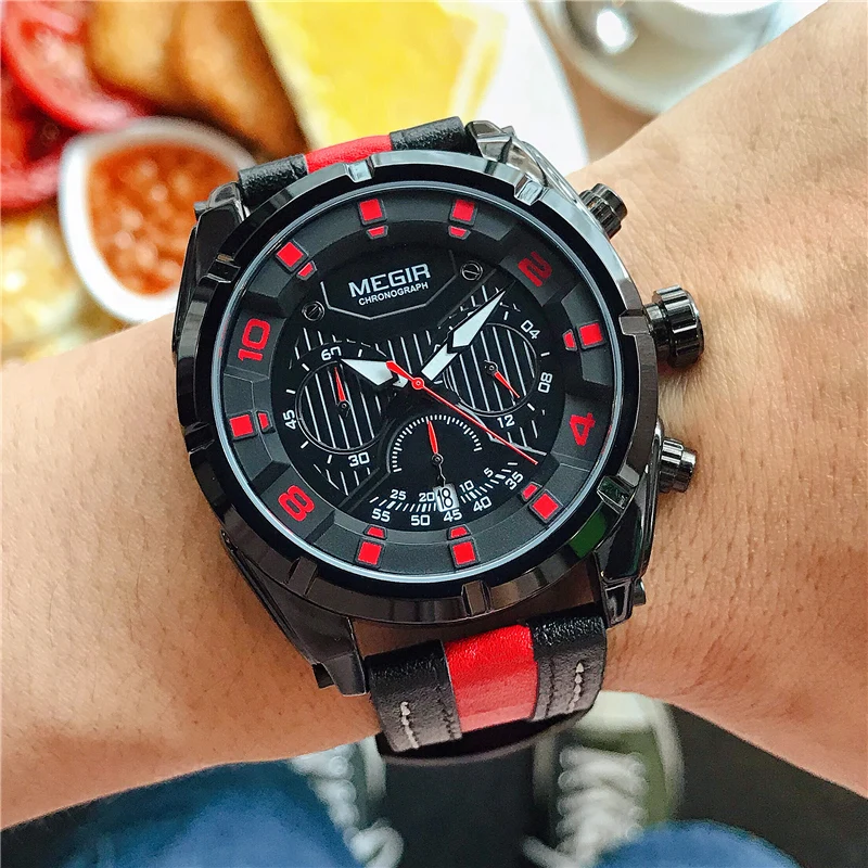 MEGIR Fashion Military Sports Watches Men Quartz Wrist Watch Waterproof Leather Army Watch Hour Tim