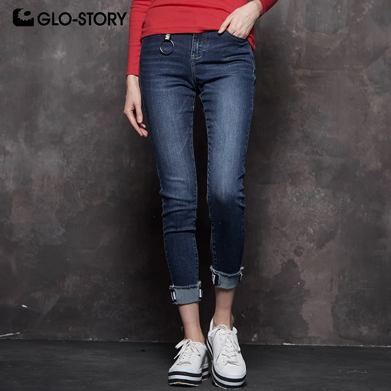 

GLO-STORY 2018 New Fashion Women Mid-Waist Tape Cuffs Stretchy Medium Wash Jeans Streetwear Denim Pencil Pants WNK-7733