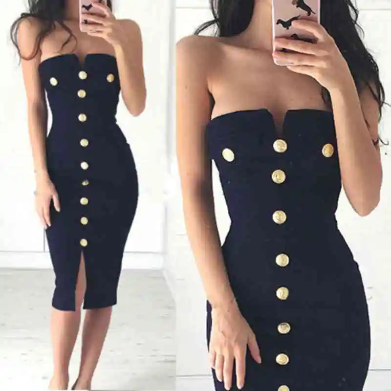 

Fashion Women Summer Casual Button Strapless Sleeveless Sexy Bodycon Evening Party Short Mini Dress