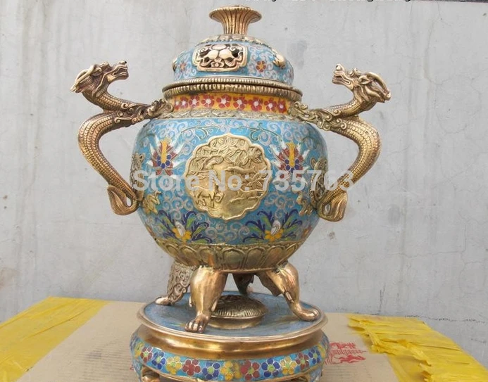 

xiuli 001410 China Regius 100% Pure Bronze cloisonne Three Dragon Deer Elephant Birds Censer
