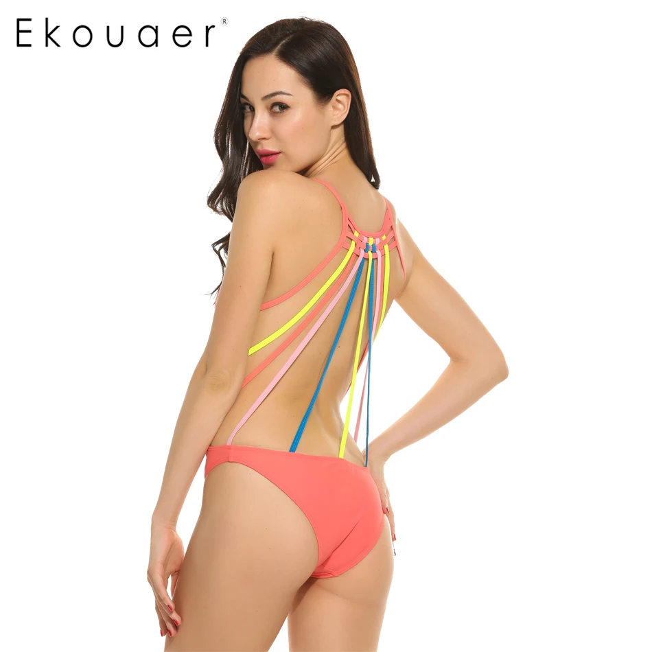 

Ekouaer New High Cut Out One Piece Swimsuit Sexy Deep V Neck Women Bathing Suit Bikini Summer Hollow Out Beachwear Plus Size