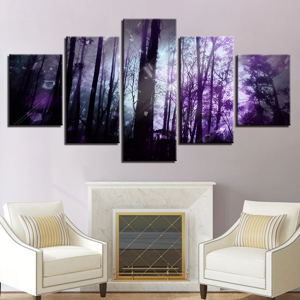 

Poster Modular Canvas Painting HD Printing 5 Pieces Abstract Purple Forest Night Scene Pictures Decor Living Room Wall Frame Art
