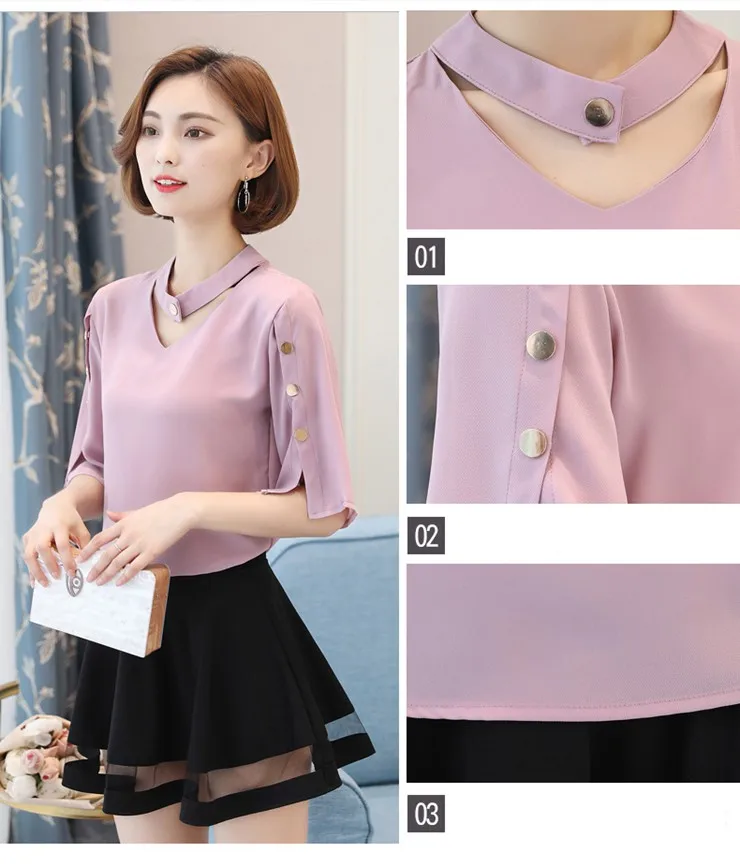Blouse Shirt Women 2018 Korean Style V-neck Tops Ladies Chiffon Blouse Button Short Sleeve White Shirts Summer Blusas Mujer (2)