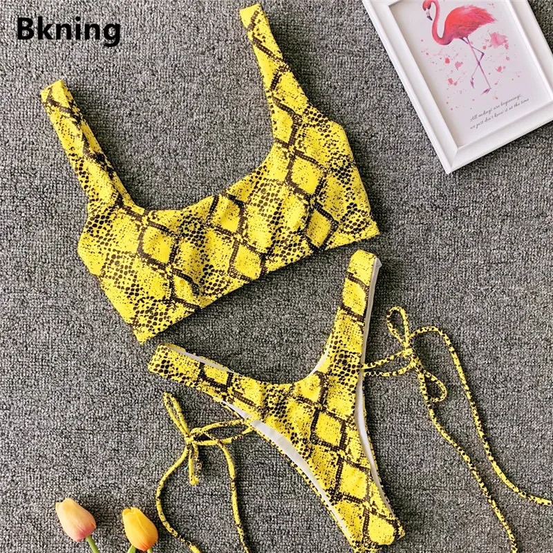 Bkning желтый бикини со змеей 2019 лето неон высокое купальник леди Леопардовый 2 Нижнее белье ванный комплект Pad трикини в стиле «бандаж»