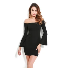 NEW-Sexy Off Shoulder Cotton Knitted Women Mini Bodycon Dress Slim Long Flare Sleeve Spring Autumn Dresses Strapless Sweater D