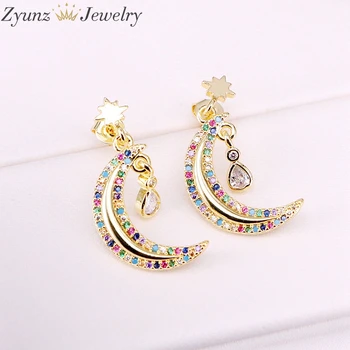 

5Pairs, Gold Color Earring For Women Sparking Crystal Zirconia Rainbow CZ Crescent Moon with Drop Charms Dangling Earrings