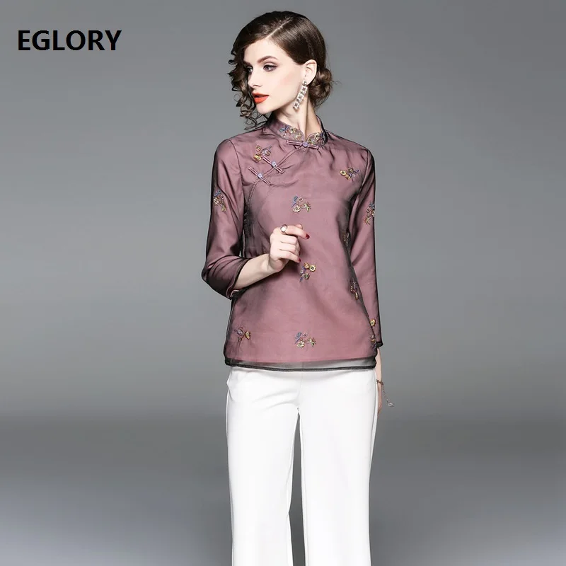 

2018 Fashion Tops Autumn Spring Blouses Women Organza Embroidery Vintage Tops Female Plus Size Tops Blouse Purple Yellow Top XXL