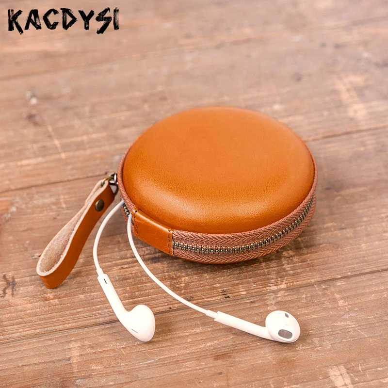 

Vegetable Tanned Leather Unisex Small Coin Purse Vintage Mobile Phone Charger Headset Storage Bag Bluetooth Data Cable Wallet
