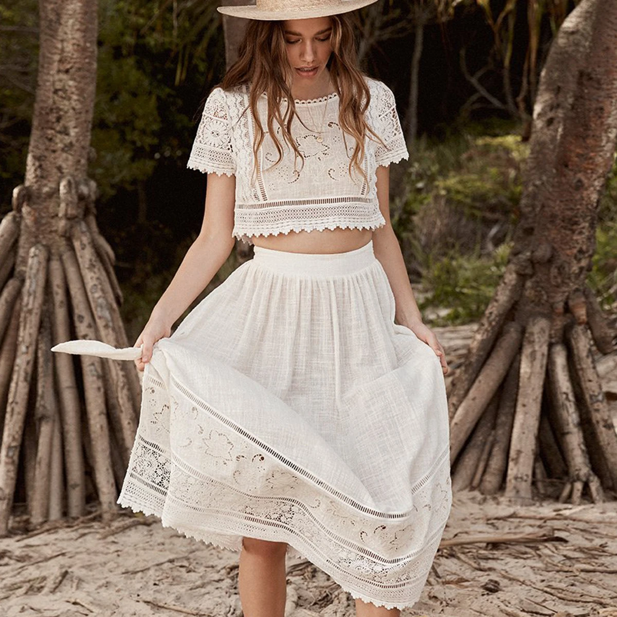 

Abigail Lace Tie Side Skirt Set Women Summer Clothes 2019 Vintage Crop Top Sets Boho Embroidery Beach Hippie 2 Piece Set Suit