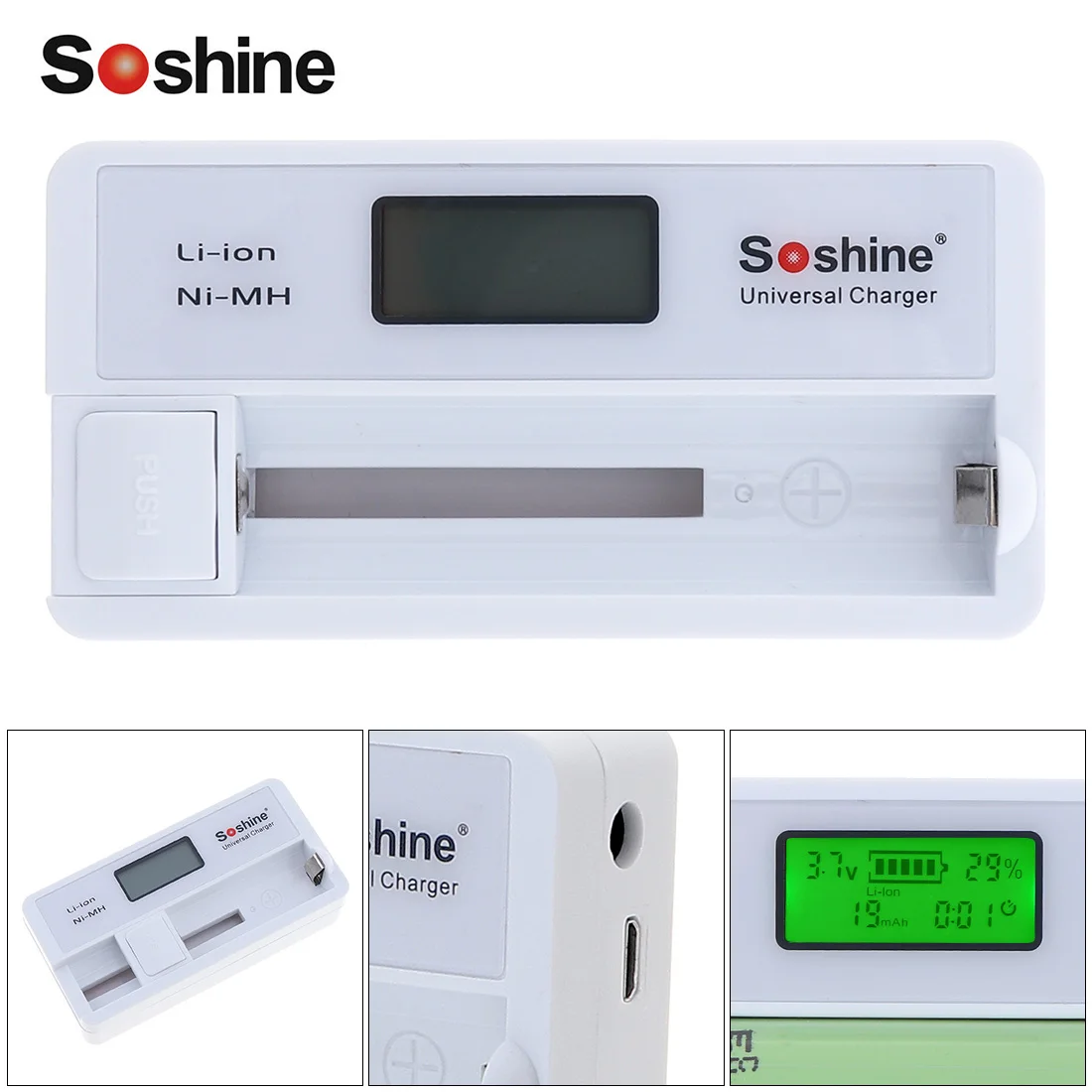 

Soshine SC-S7 LCD Display Lithium NiMH Battery Charger with USB Input for Li-ion 18650 14500 Ni-MH AA AAA Battery Charger