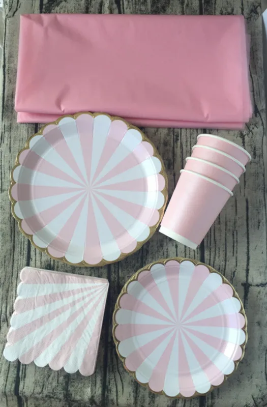 8 Sets (33pcs) Tableware Table Cloth Pink & Gold Stripe Paper Cups