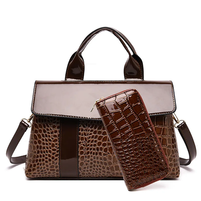 Роскошные женские сумки из двух частей, дизайнерские кожаные женские сумки с крокодиловым узором, сумка-тоут для леди, модная сумка через плечо - Цвет: Brown-2
