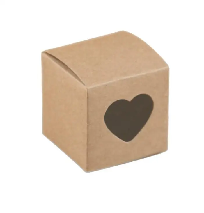 

5*5*5cm 50pcs small kraft paper candy cardboard box with PVC transparent heart-shaped window candy paper packaging box square