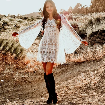 

Women White Summer Sexy Lace Crochet Hollow Bikini Cover up Swimwear Women Long Sleeve Beachwear Beach Dress Tunic Pareo