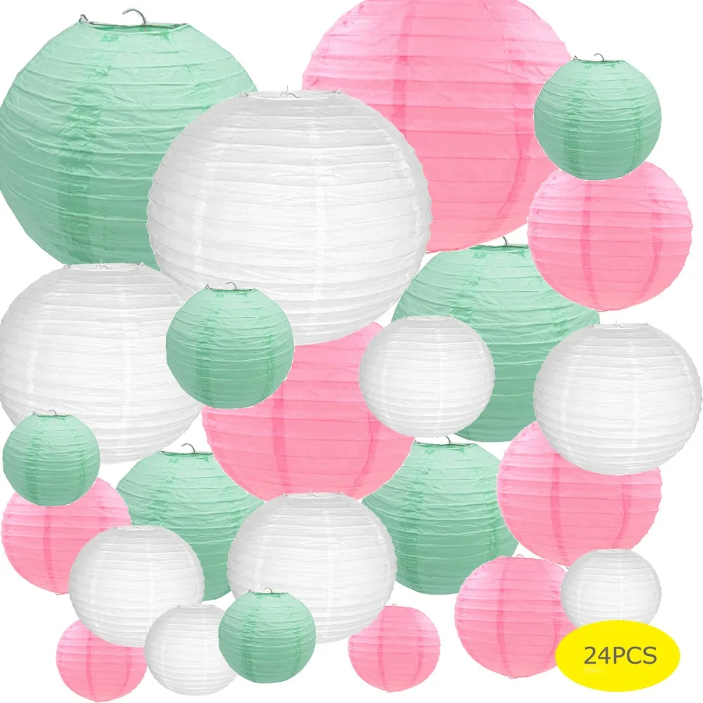 

24 Pcs White Pink Mint Green Paper Lantern Chinese Japanese Assorted Size Round lampion Wedding Baby Shower Xmas Party Decor
