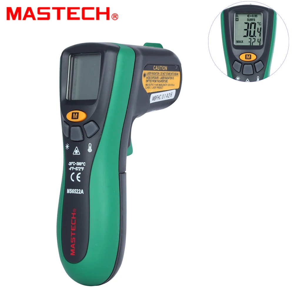 

MASTECH MS6522A Digital Temperature Meter Tester Laser Pointer Range -20 ~ 300C(-4 ~ 572F) Non-contact Infrared IR Thermometer