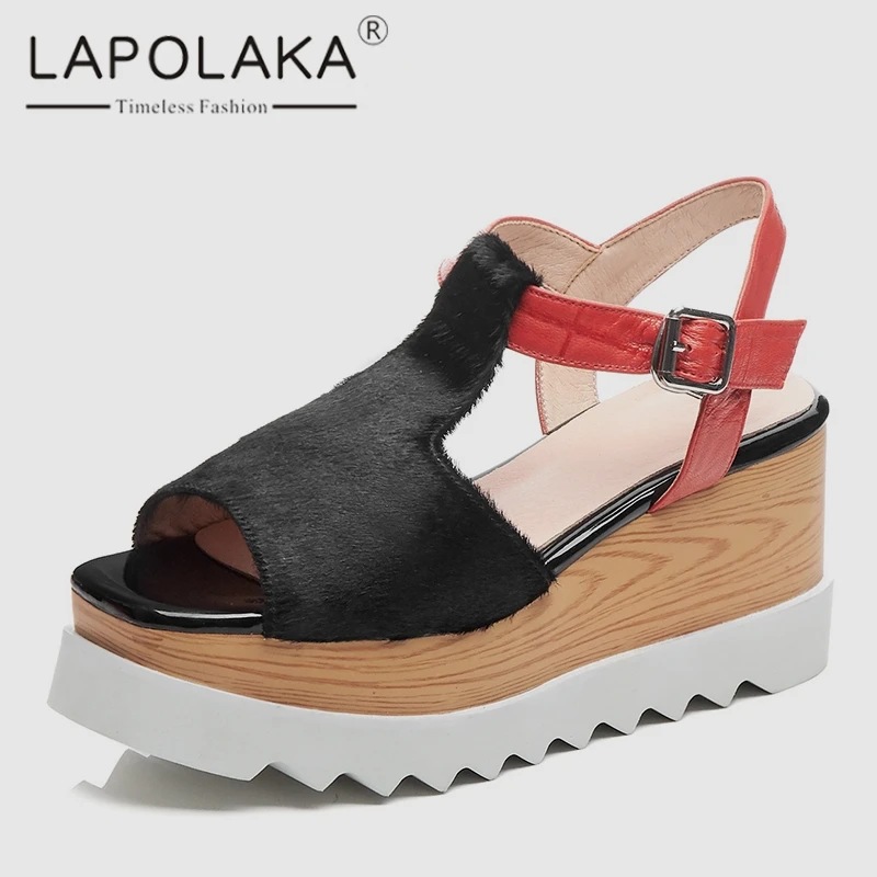 

Lapolaka 2019 New Girl Fashion Black Horsehair Sandals Women Summer Thick Platform Casual Women High Wedges Shoes Woman