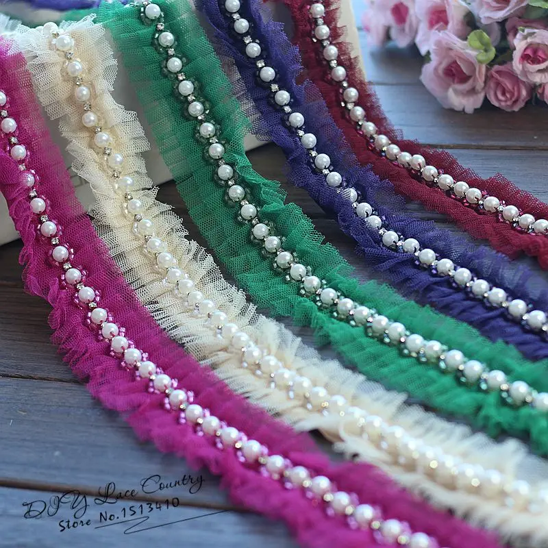 

Free shipping 3yards/lot 4cm 1.57" wide ruffled rhinstones lace trim ribbon