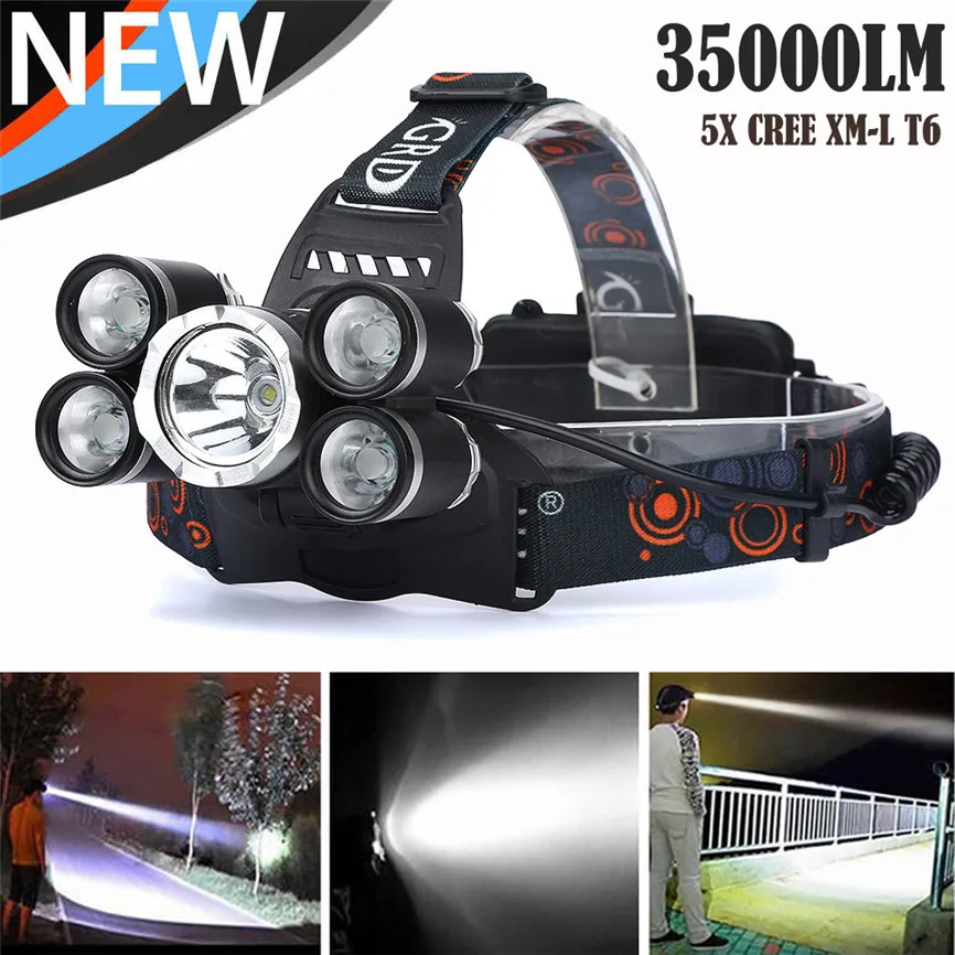 Светодиодный налобный фонарь T6 35000 лм 5X CREE XM L перезаряжаемый 18650 дорожный 85*35*47