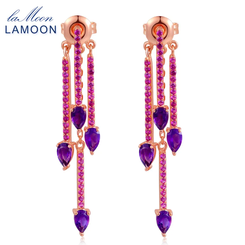 Lamoon Amethyst 925 Sterling Silver Jewelry Long Drop Earring Purple Water Drop Party Fine