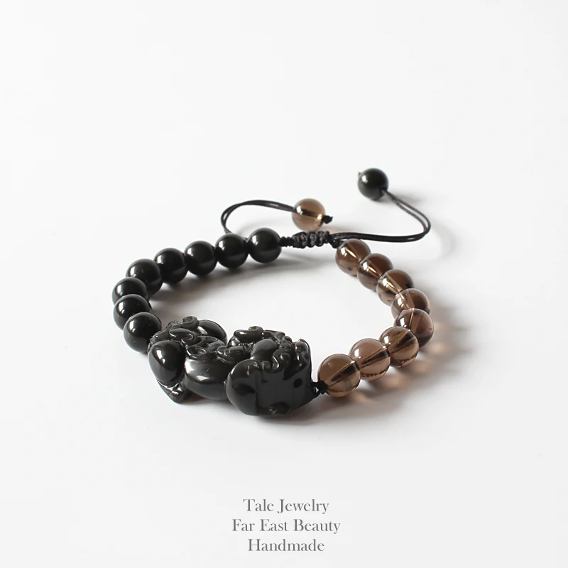 

Wholesale Chinese Traditional Pixiu Dragon Black Obsidian With Smoky crystal Beads Mens Bracelet Lucky Jewelry Adjustable Size