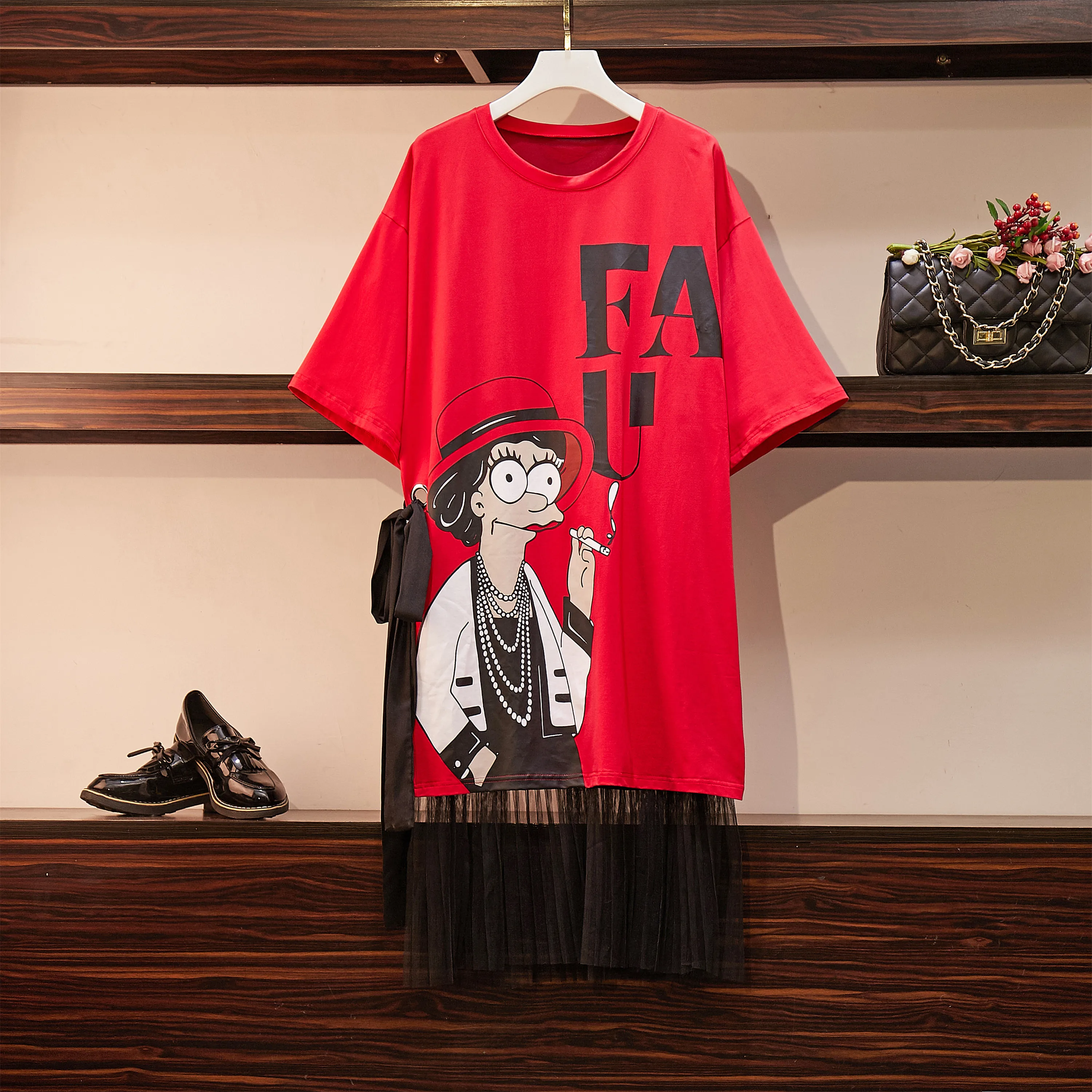 

Limiguyue L-4XL large size women T shirt Dress summer short sleeve cartoon cotton mesh patchwork loose large size dress Y011