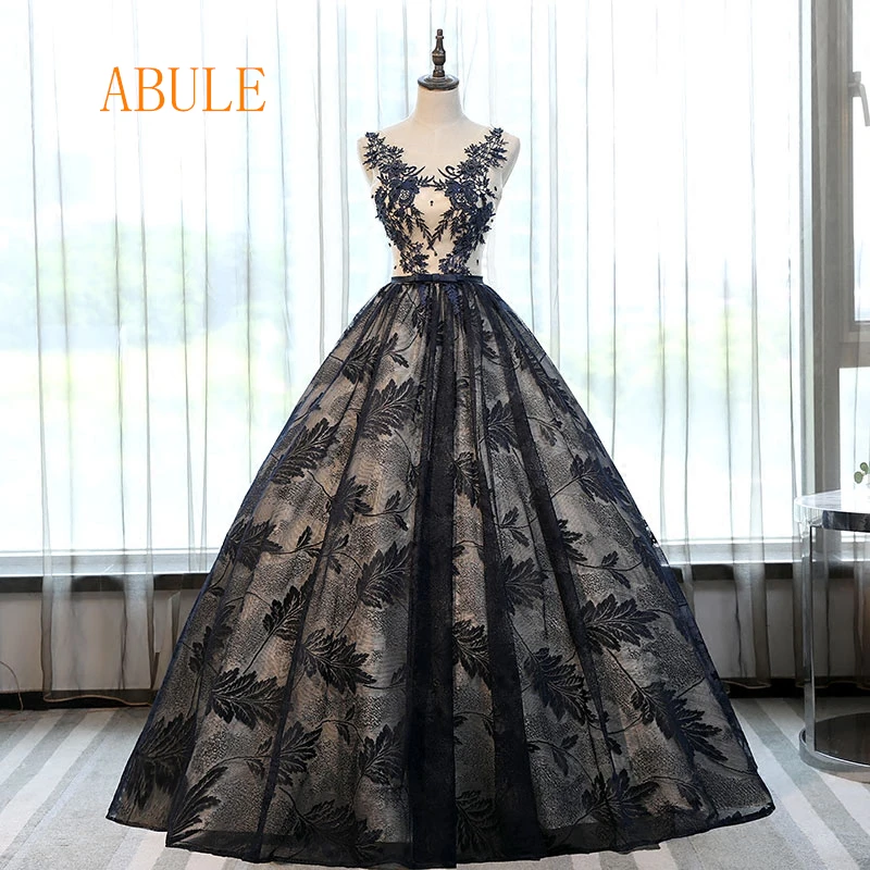 

ABULE Ball Gown Quinceanera Dresses Long black beads tulle lace up pearls Vestidos De 15 Anos lace Prom Dress For Girls