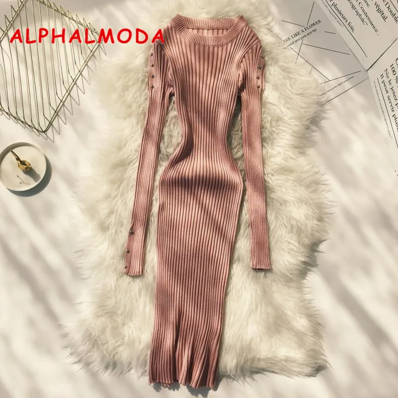 ALPHALMODA сексуальное трикотажное платье на пуговицах с рукавами осенне зимнее