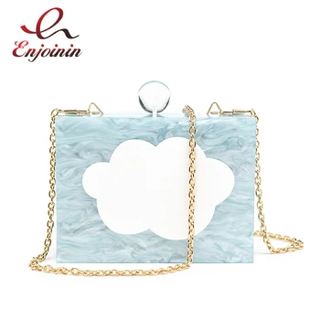 

Cute White Clouds Acrylic Blue Fashion Ladies Mini Clutch Bag Party Bag Chain Purse For Women Handbag Wallet Flap Evening Bag