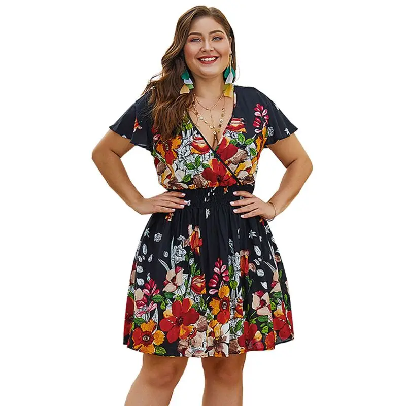 

Plus Size Women Holiday BOHO V Neck Tunic Floral Print Skater Swing Short Dress