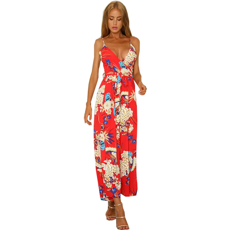 Long Jumpsuit Women 2018 New Summer 3 Color Fashion Flower Print Strap ...