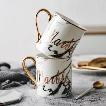 

Luxury White Marble Ceramic Mugs Gold Plating Couple Lover's Gift Morning Mugs Milk Coffee Tea Breakfast Elegant Creative Cup