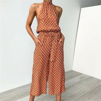 

2019 Polka Dots Print Turtleneck Shirred Waist Women Super Comfy Fashion Trendy Boho Print Loose Long Wide Leg Trousers Jumpsuit