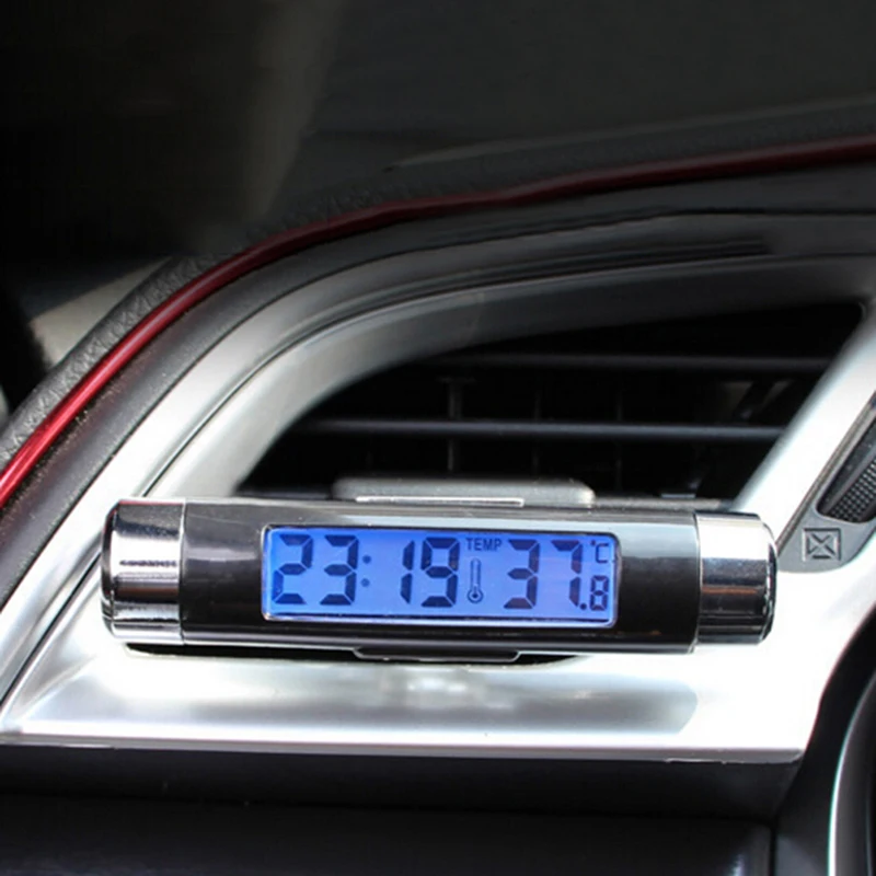 2In1 Air Vent Outlet Car Clock Thermometer Blue Backlight Clock Thermometer Digital Time LCD Screen Screen Car Styling