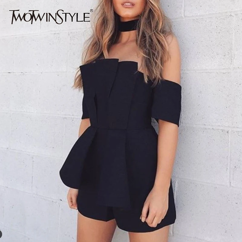 

TWOTWINSTYLE Off Shoulder Shirt Female Ruched Patchwork Tunic High Waist Backless Asymmetrical Blouse Top 2019 Summer Sexy New