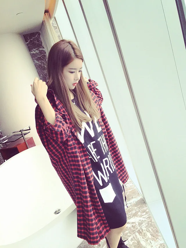 

Mr.nut spring and autumn new wild Korean version of the loose women's hooded plaid letter printing long shirt women