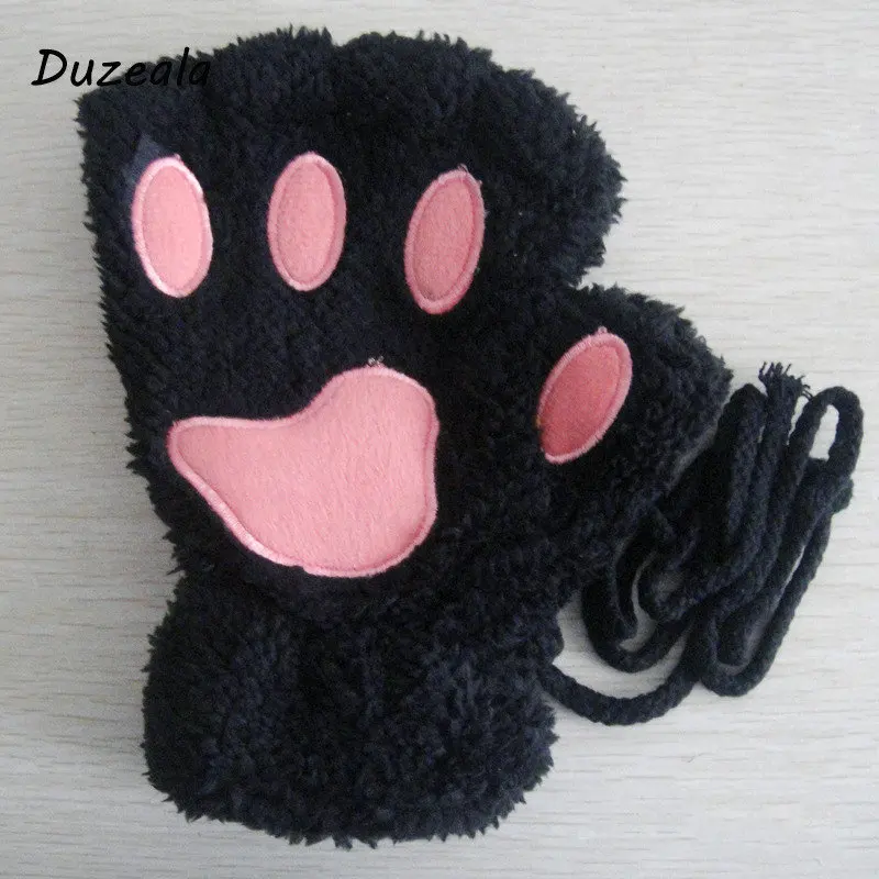 Duzeala 1 пара для женщин и девочек прекрасная зимняя теплая перчатки без пальцев пушистый медведь кошка плюшевая лапа коготь Половина пальцев перчатки варежки - Цвет: black