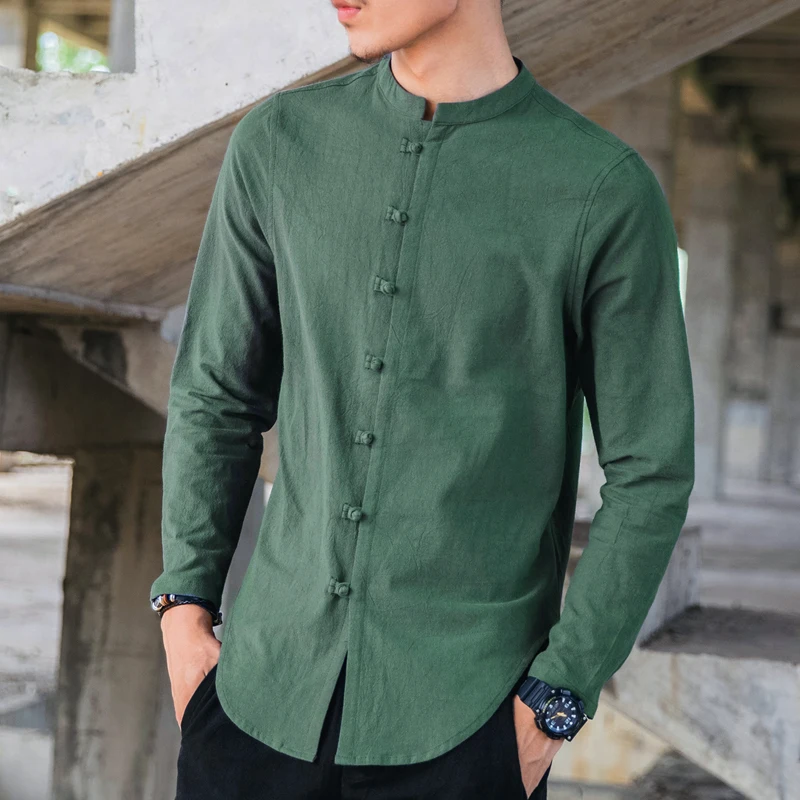 ZEESHANT Plus Size M-5XL Casual Social Shirt 9 Colors Men Long Sleeve Chinese Style Linen Shirts Traditional Kung Fu Tang Top