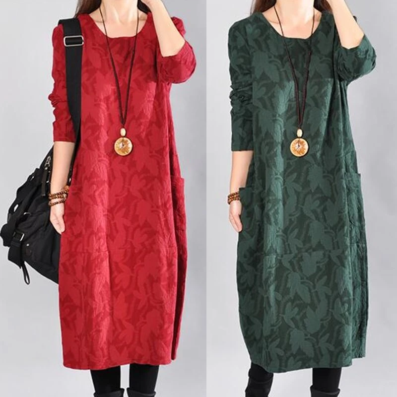 

2017 New Arrive Spring Female Vintage Long Sleeve Plus size Dress Loose-waisted Elegant Fluid Print One-piece Dress