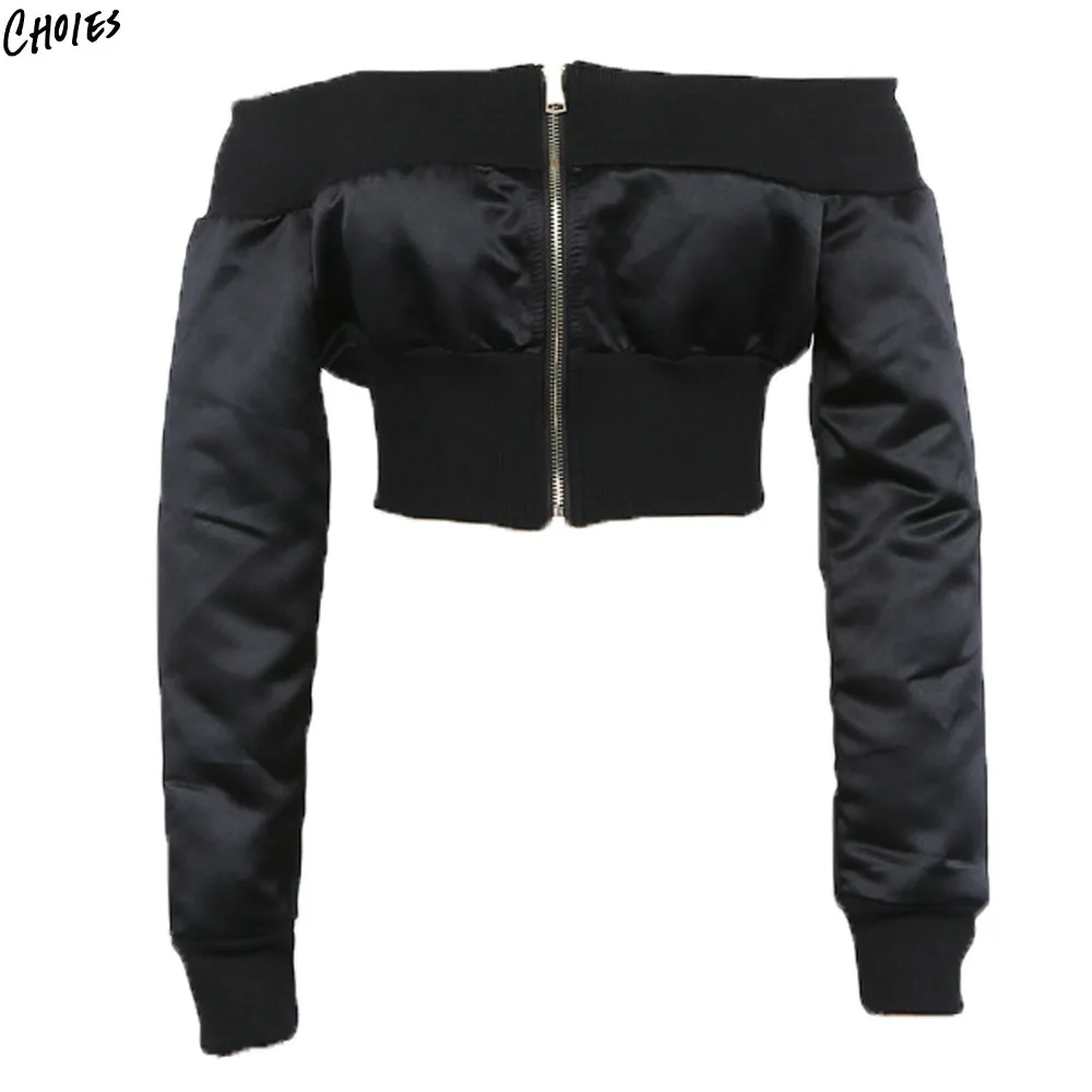 Black Off Shoulder Cropped Bomber Jacket Women Zip up Front and Back ...