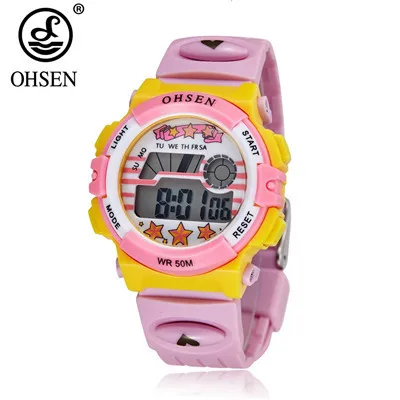 Топ продаж OHSEN Kids lcd Цифровые детские спортивные часы для мальчиков, наручные часы, модные детские часы 50 м, будильник для плавания, студенческие синие детские часы, подарок - Цвет: Pink