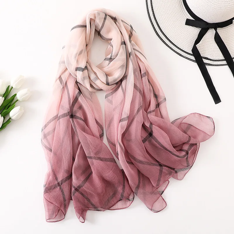 

Silk Feeling Women Shawls Wraps Beach Scarf Print Gradient Foulard Pashmina Wrinkle Hijab Winter Luxury Lady Scarves