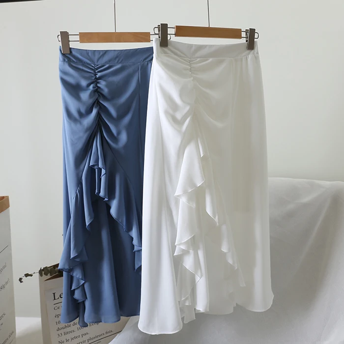 YuooMuoo элегантная юбка с высокой талией и рюшами летняя Женская Асимметричная офисная юбка однотонная длинная юбка на завязках faldas mujer