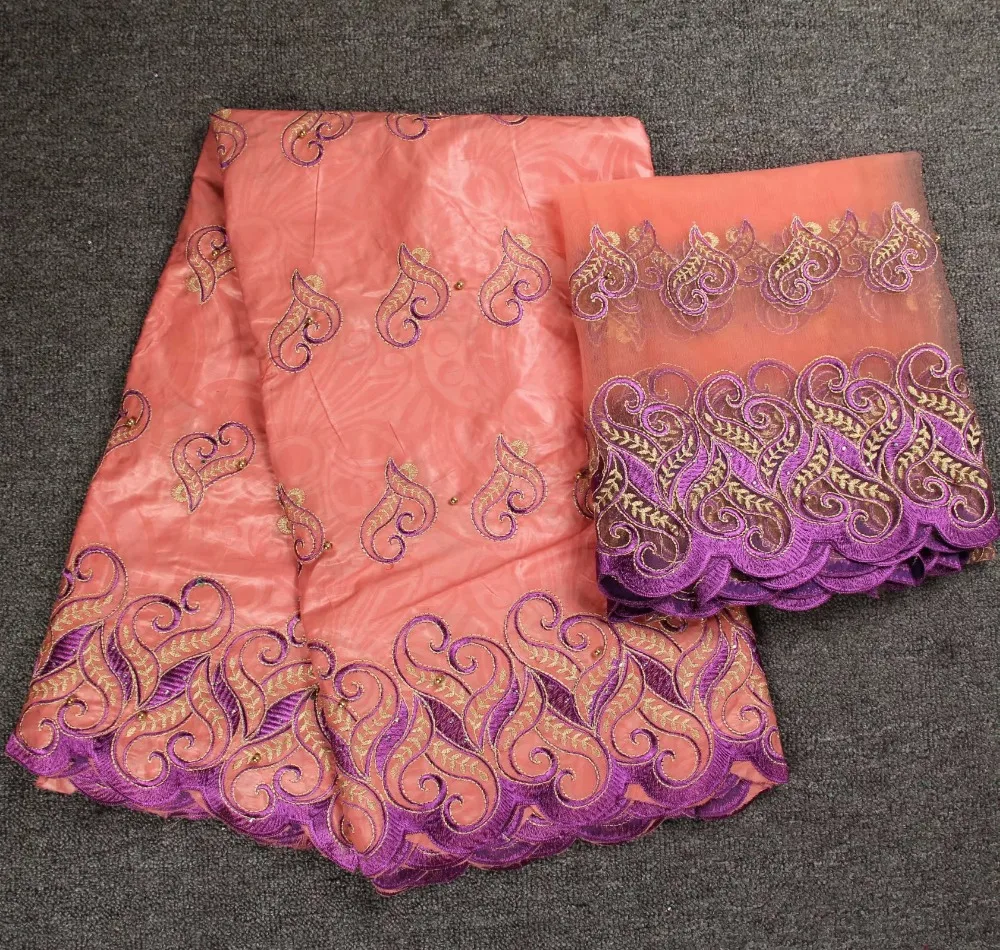 

MAGICFABRIC peach color embroidered riche getzner with tulle lace fabric African Bazin fabric for women dress HL4055