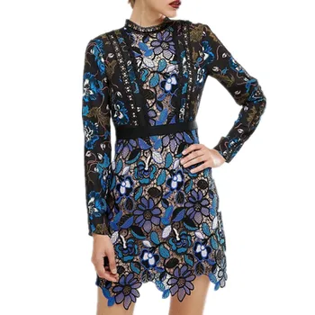 

High quality women spring Retro arrive long sleeve Lace dress blue Stitching printing embroidery flower Hollow Female dresses