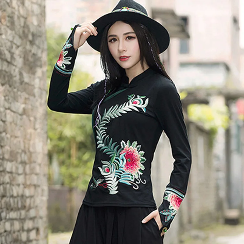 

2018 Spring Autumn Black National Embroidered Feather Large Flower Pattern Long-sleeved Shirt women's t-shirt Tops Womens