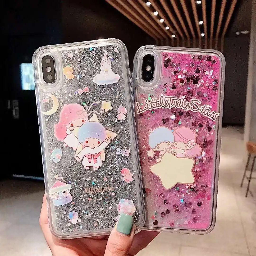 

Cartoon Gemini Angel Mode Hard Dynamic Liquid Case for iPhone 6 6s 7 8 Plus X max Xs xr Star Glitter Quicksand Back Phone Cover
